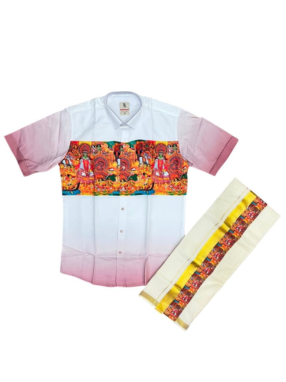 Southloom Cotton Theyyam & Kadhakali Mural Printed Men's Combo In Peach (Shirt + Mundu)
