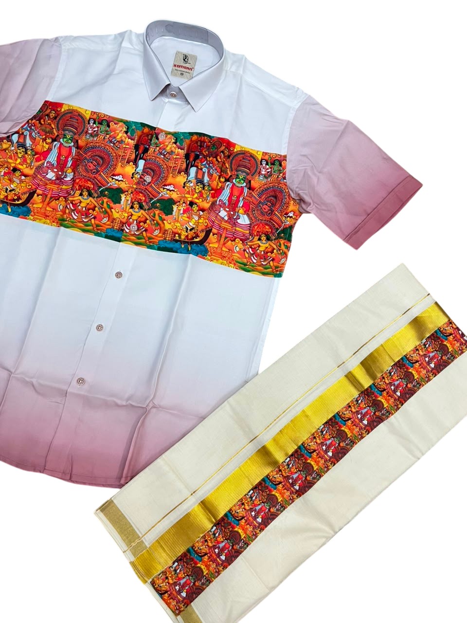 Southloom Cotton Theyyam & Kadhakali Mural Printed Men's Combo In Peach (Shirt + Mundu)