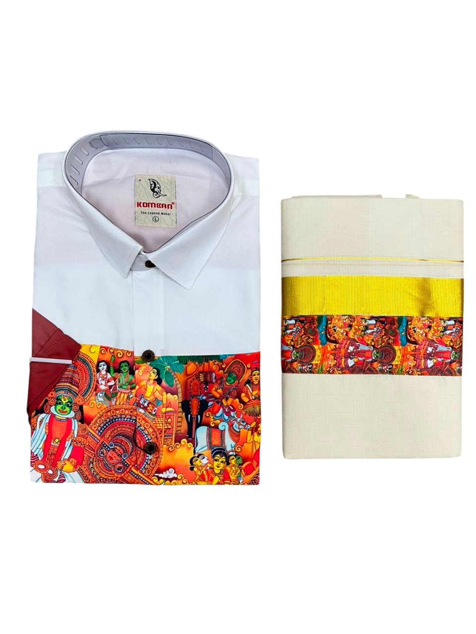 Southloom Cotton Theyyam & Kadhakali Mural Printed Men's Combo In Brown (Shirt + Mundu)