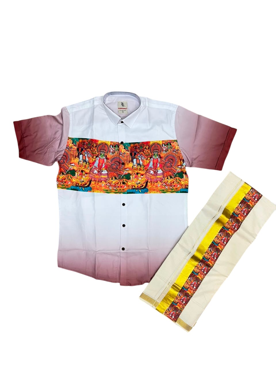 Southloom Cotton Theyyam & Kadhakali Mural Printed Men's Combo In Brown (Shirt + Mundu)
