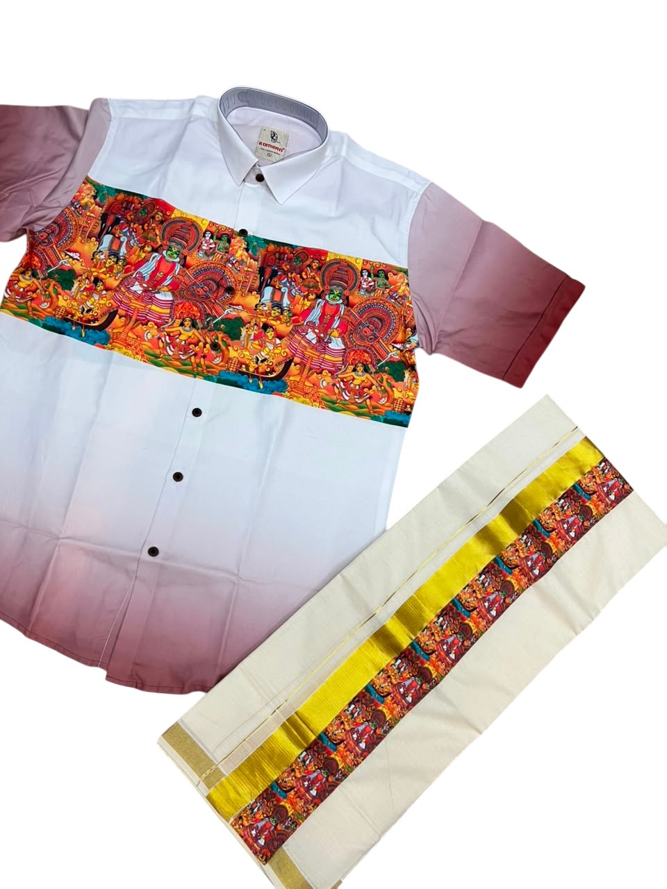 Southloom Cotton Theyyam & Kadhakali Mural Printed Men's Combo In Brown (Shirt + Mundu)