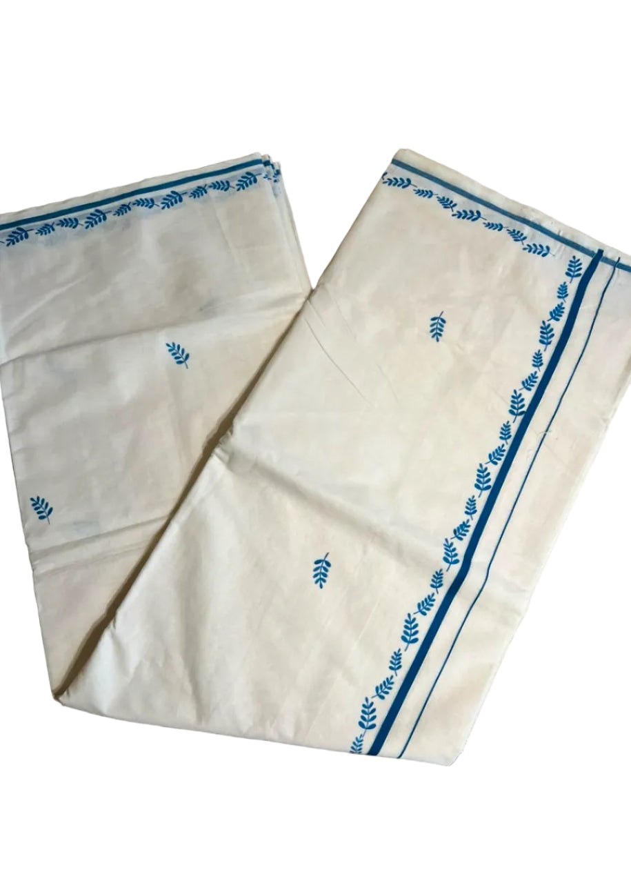 Southloom Cotton Kerala Saree With Blue Prints On Border SL501