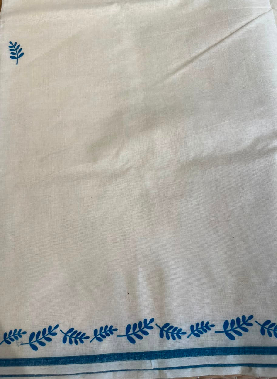 Southloom Cotton Kerala Saree With Blue Prints On Border SL501
