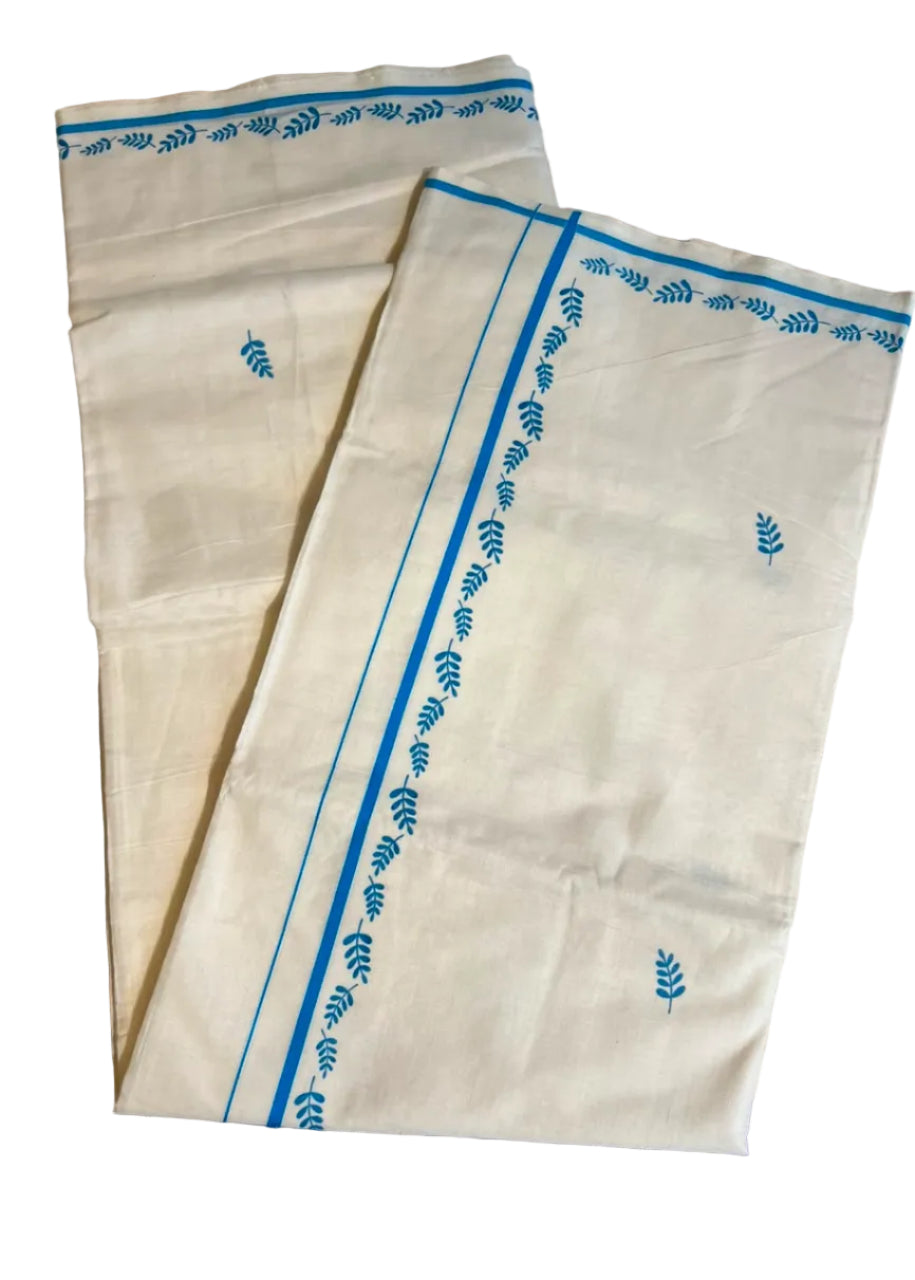 Southloom Cotton Kerala Saree With Turquoise Prints On Border SL501
