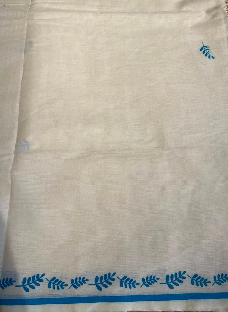 Southloom Cotton Kerala Saree With Turquoise Prints On Border SL501