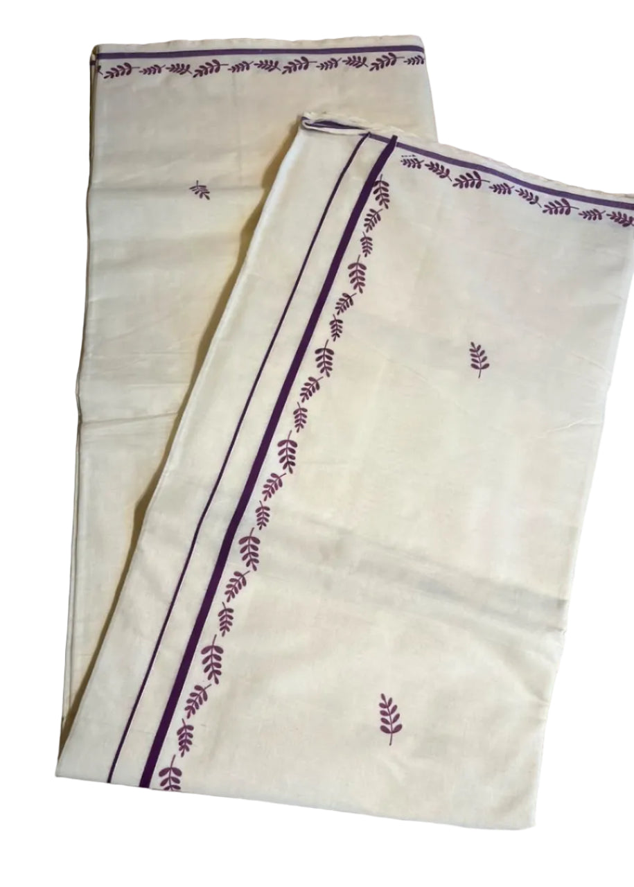 Southloom Cotton Kerala Saree With Purple Prints On Border SL501