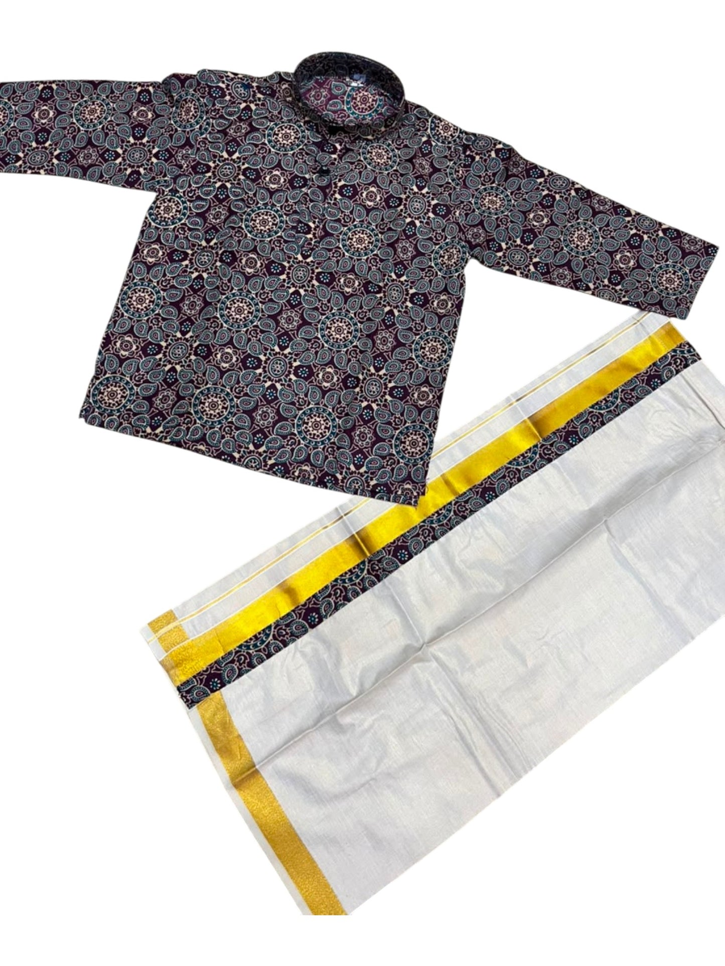 Southloom Tissue Ajrakh Printed Kids's Combo (Kurta + Velcro Mundu)