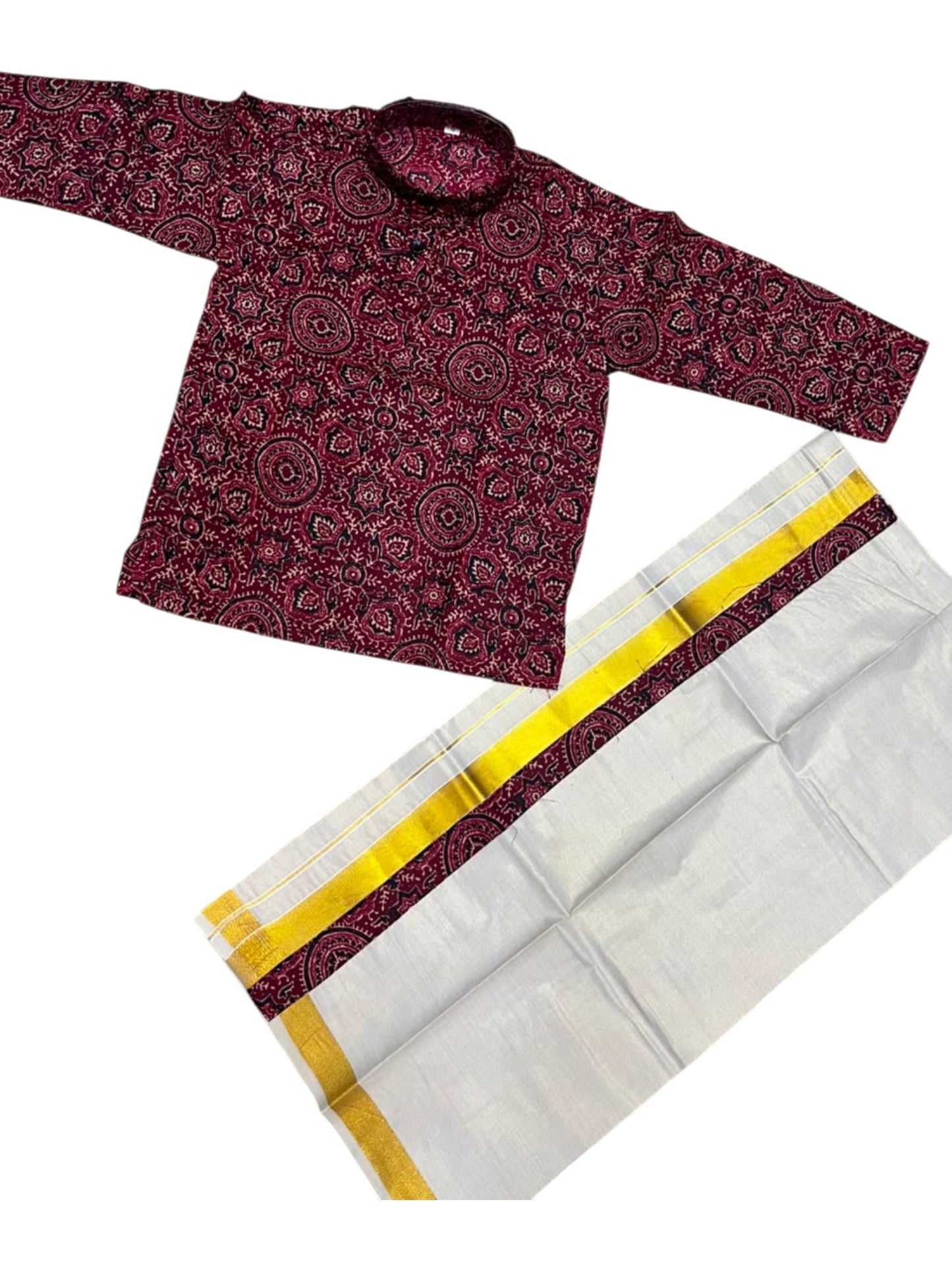 Southloom Tissue Ajrakh Printed Kids's Combo (Kurta + Velcro Mundu)