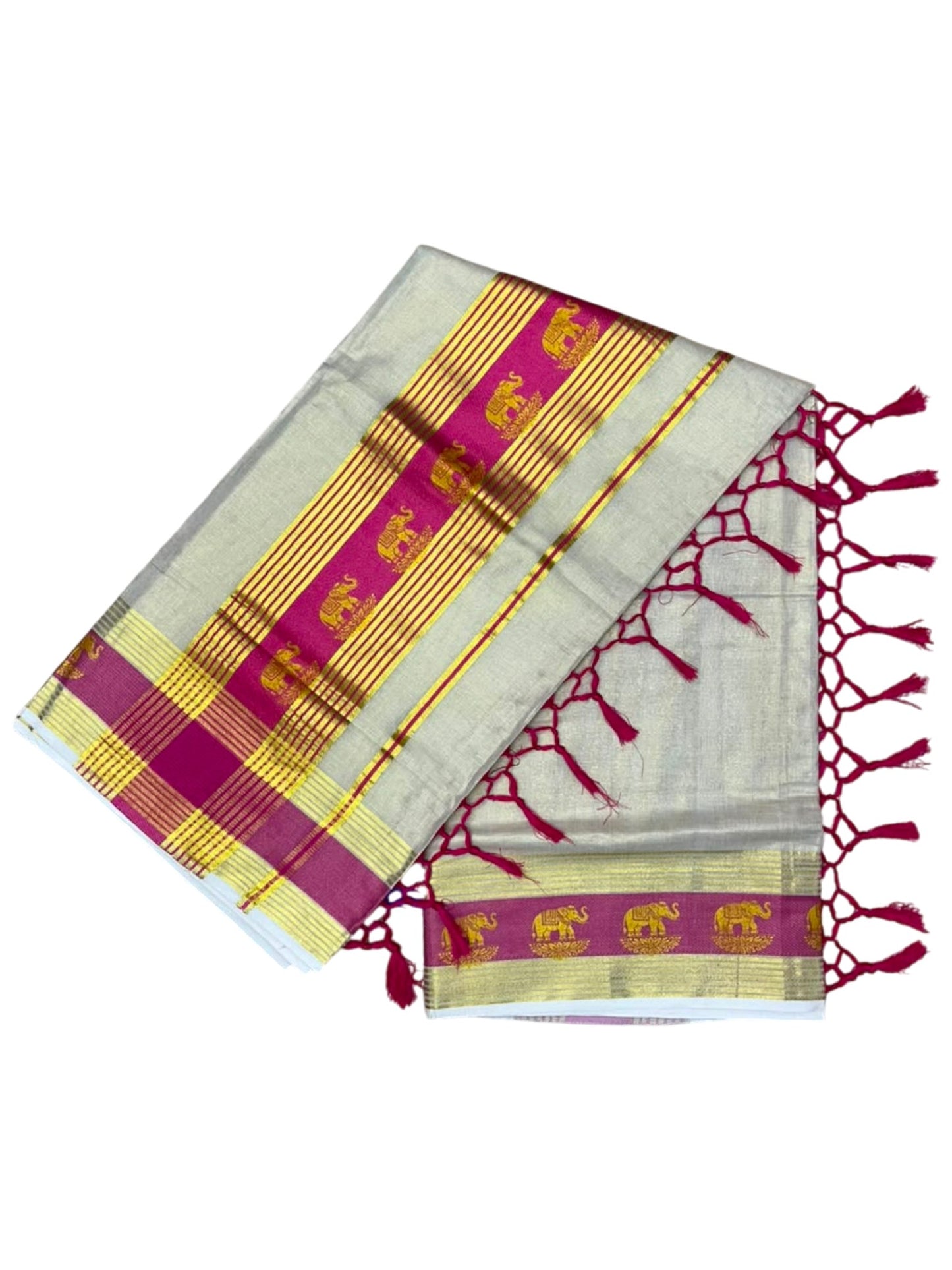 Southloom Kerala Tissue Kasavu Saree with Elephant Digital Print on Borders in Pink SL507