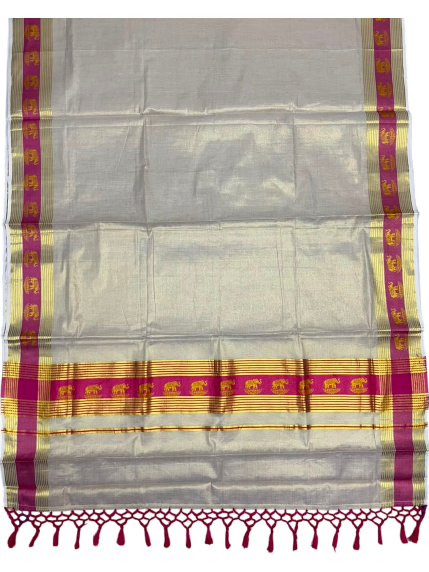 Southloom Kerala Tissue Kasavu Saree with Elephant Digital Print on Borders in Pink SL507