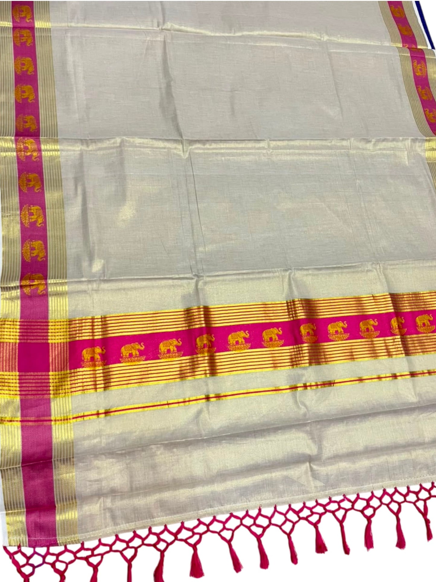 Southloom Kerala Tissue Kasavu Saree with Elephant Digital Print on Borders in Pink SL507