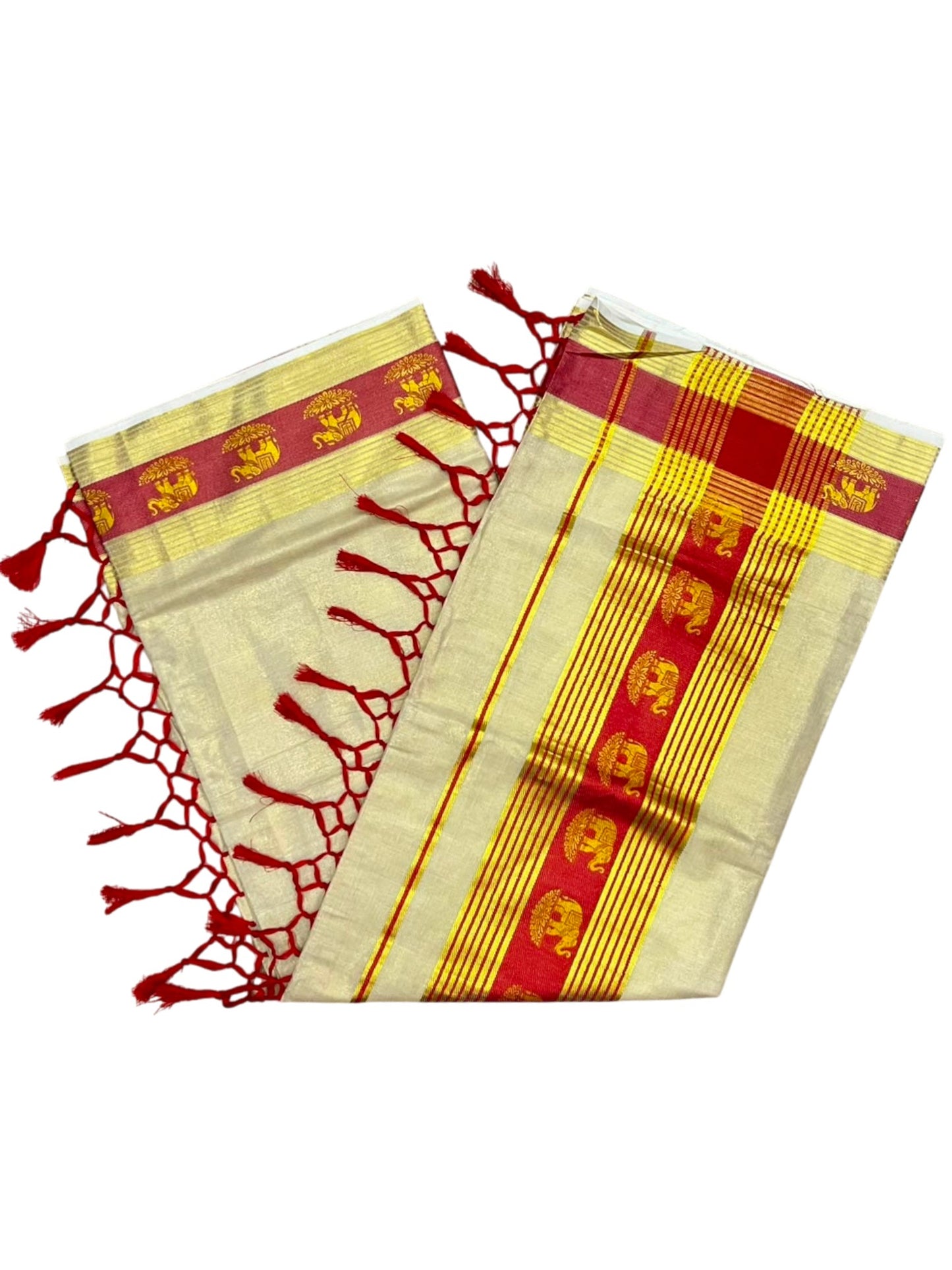 Southloom Kerala Tissue Kasavu Saree with Elephant Digital Print on Borders in Red SL507