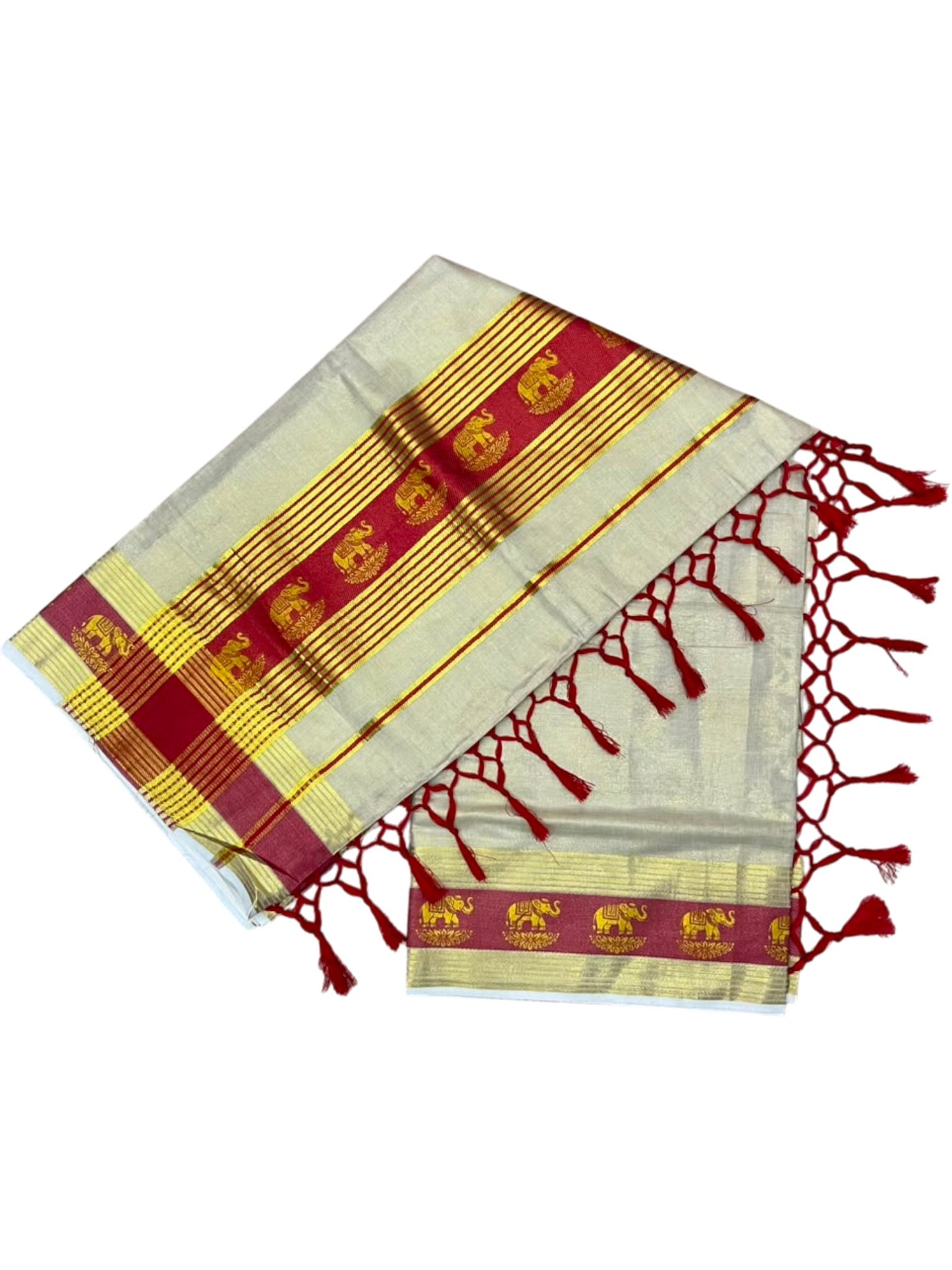 Southloom Kerala Tissue Kasavu Saree with Elephant Digital Print on Borders in Red SL507