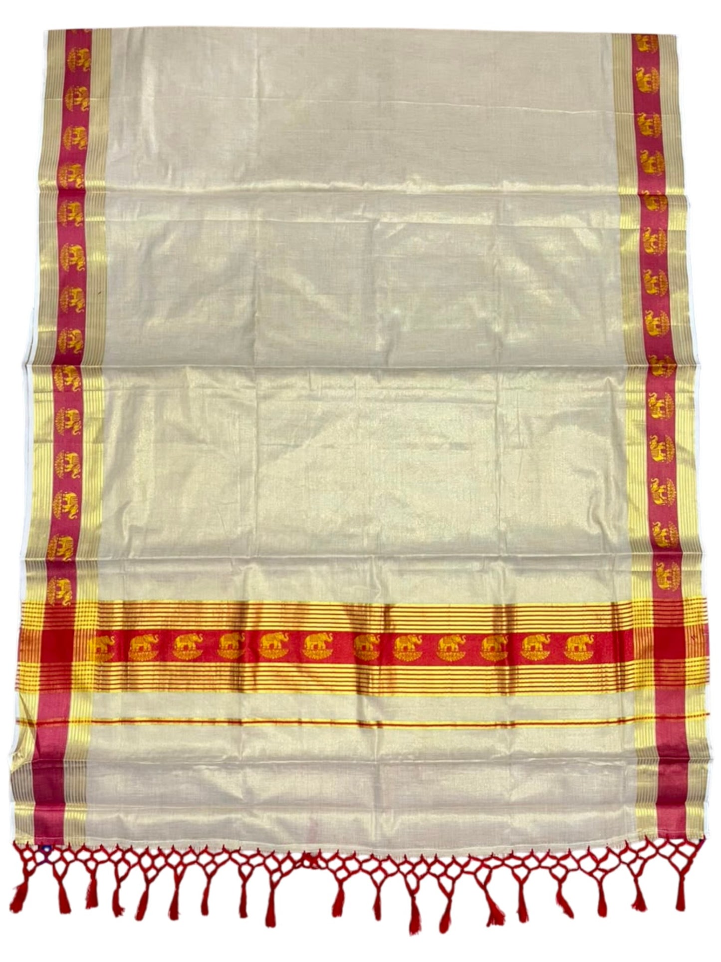 Southloom Kerala Tissue Kasavu Saree with Elephant Digital Print on Borders in Red SL507