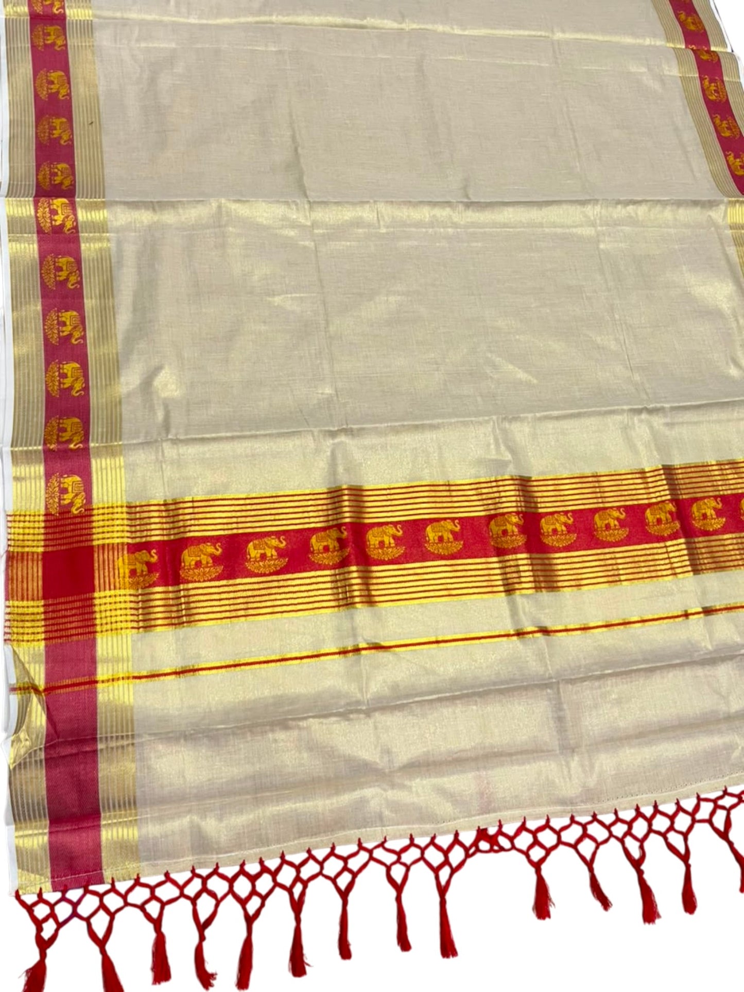 Southloom Kerala Tissue Kasavu Saree with Elephant Digital Print on Borders in Red SL507
