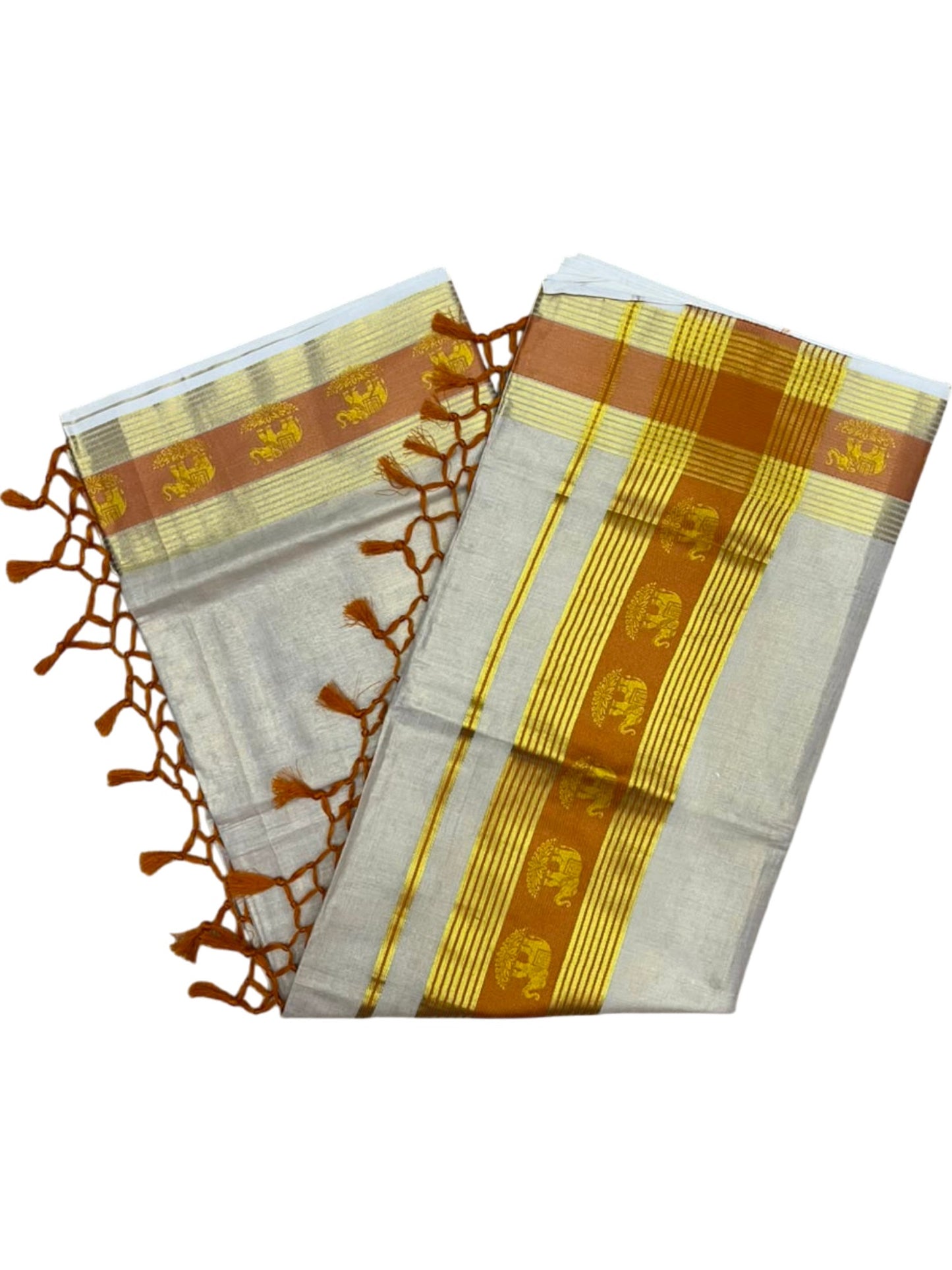 Southloom Kerala Tissue Kasavu Saree with Elephant Digital Print on Borders in Mustard Yellow SL507