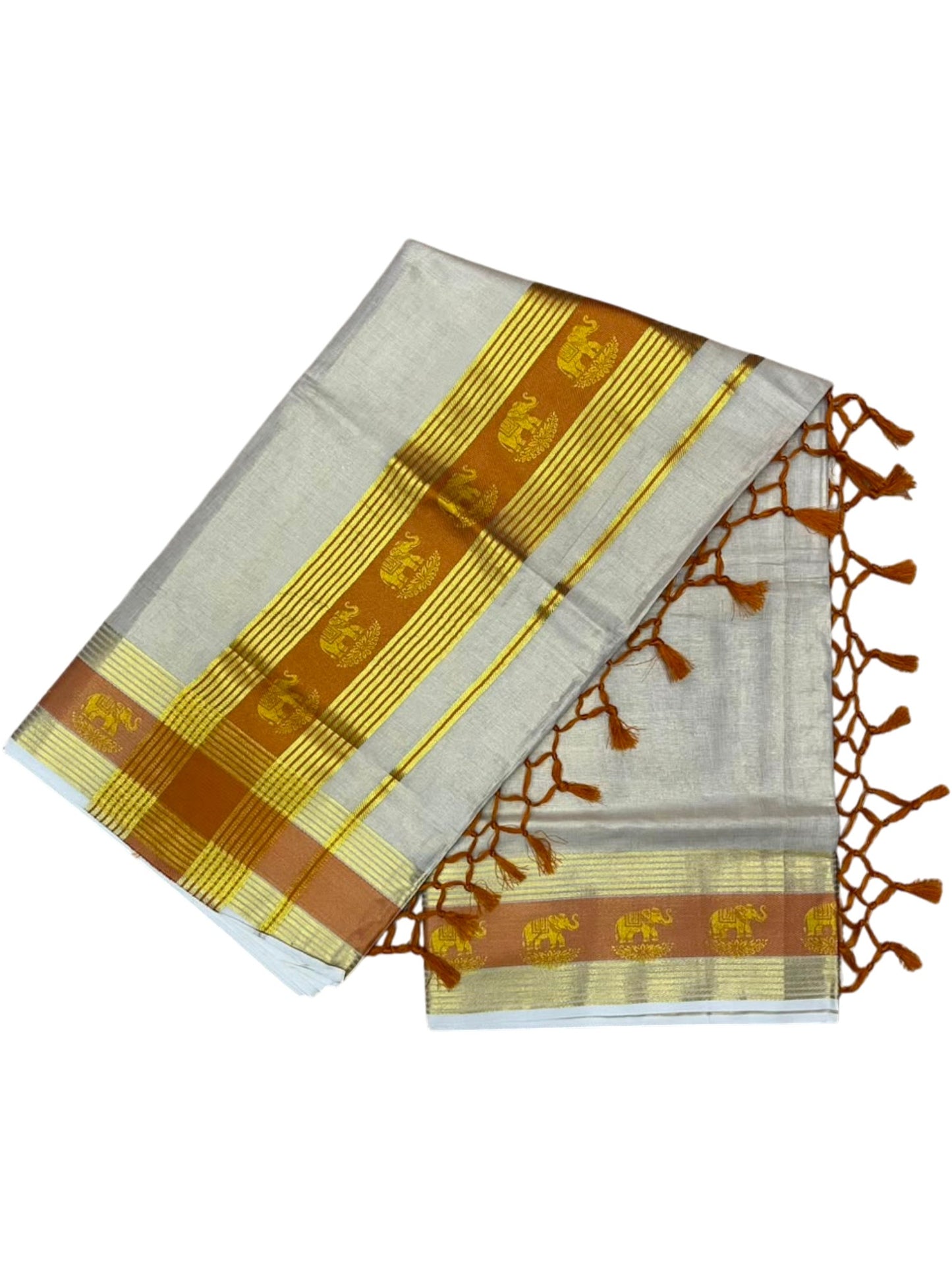 Southloom Kerala Tissue Kasavu Saree with Elephant Digital Print on Borders in Mustard Yellow SL507