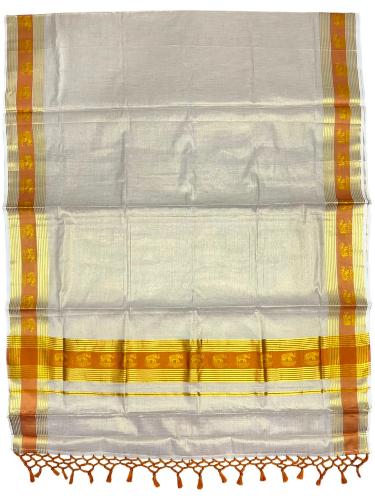 Southloom Kerala Tissue Kasavu Saree with Elephant Digital Print on Borders in Mustard Yellow SL507
