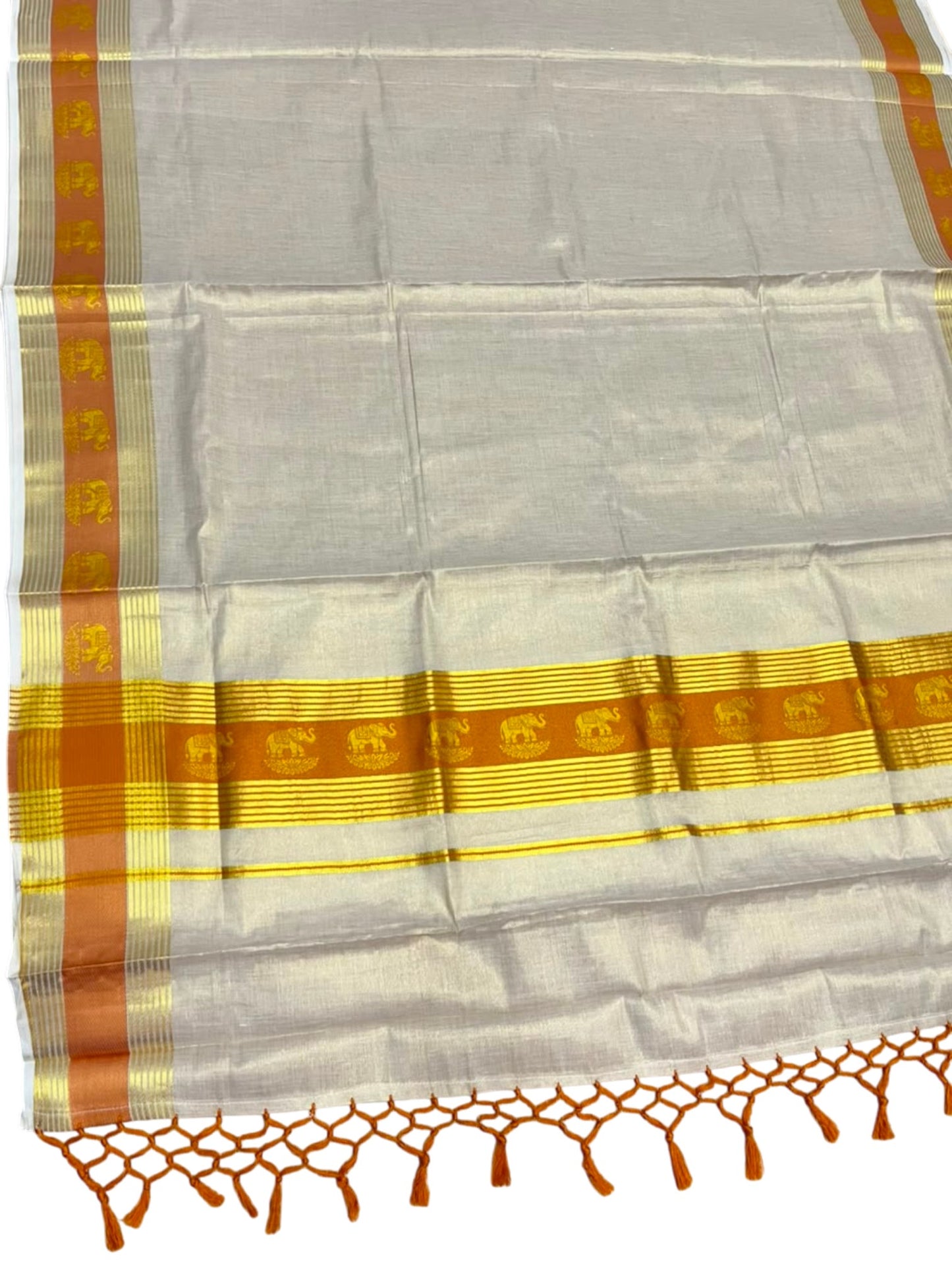 Southloom Kerala Tissue Kasavu Saree with Elephant Digital Print on Borders in Mustard Yellow SL507