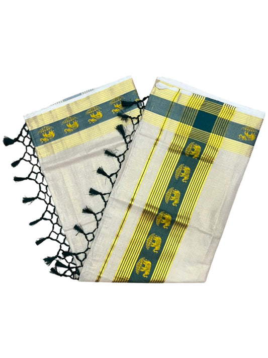 Southloom Kerala Tissue Kasavu Saree with Elephant Digital Print on Borders in Green SL507