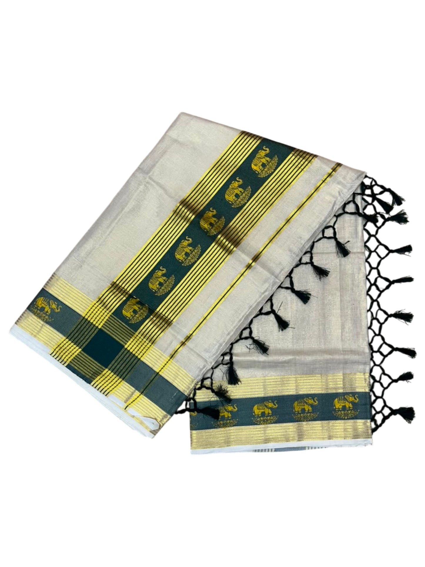 Southloom Kerala Tissue Kasavu Saree with Elephant Digital Print on Borders in Green SL507