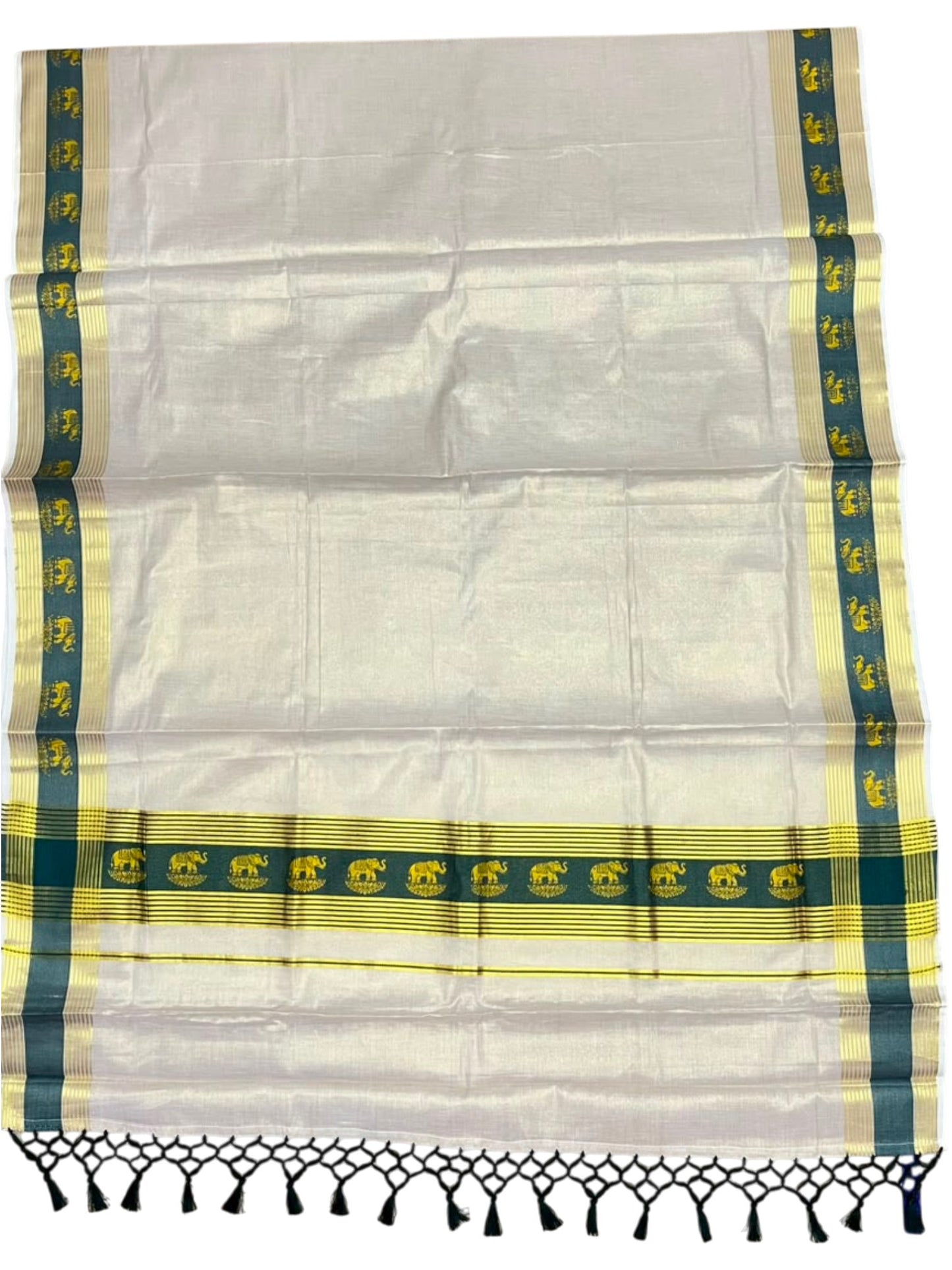 Southloom Kerala Tissue Kasavu Saree with Elephant Digital Print on Borders in Green SL507