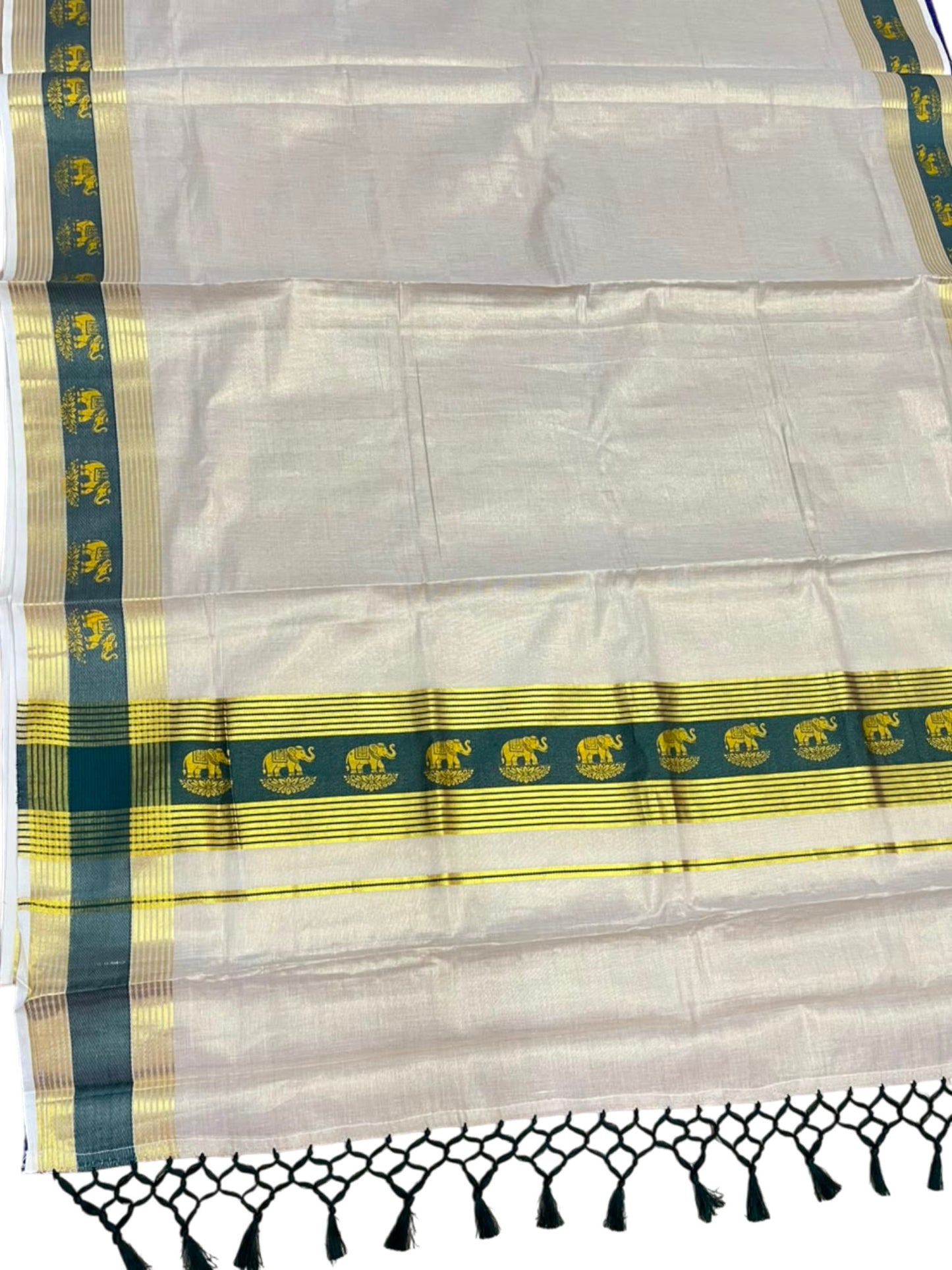 Southloom Kerala Tissue Kasavu Saree with Elephant Digital Print on Borders in Green SL507