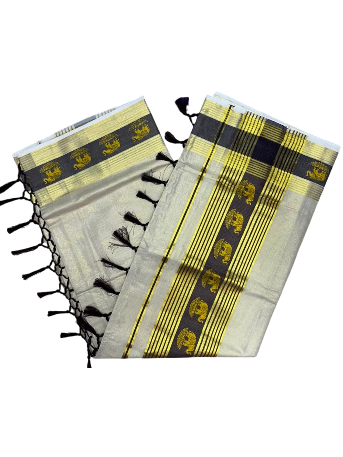 Southloom Kerala Tissue Kasavu Saree with Elephant Digital Print on Borders in Brown SL507