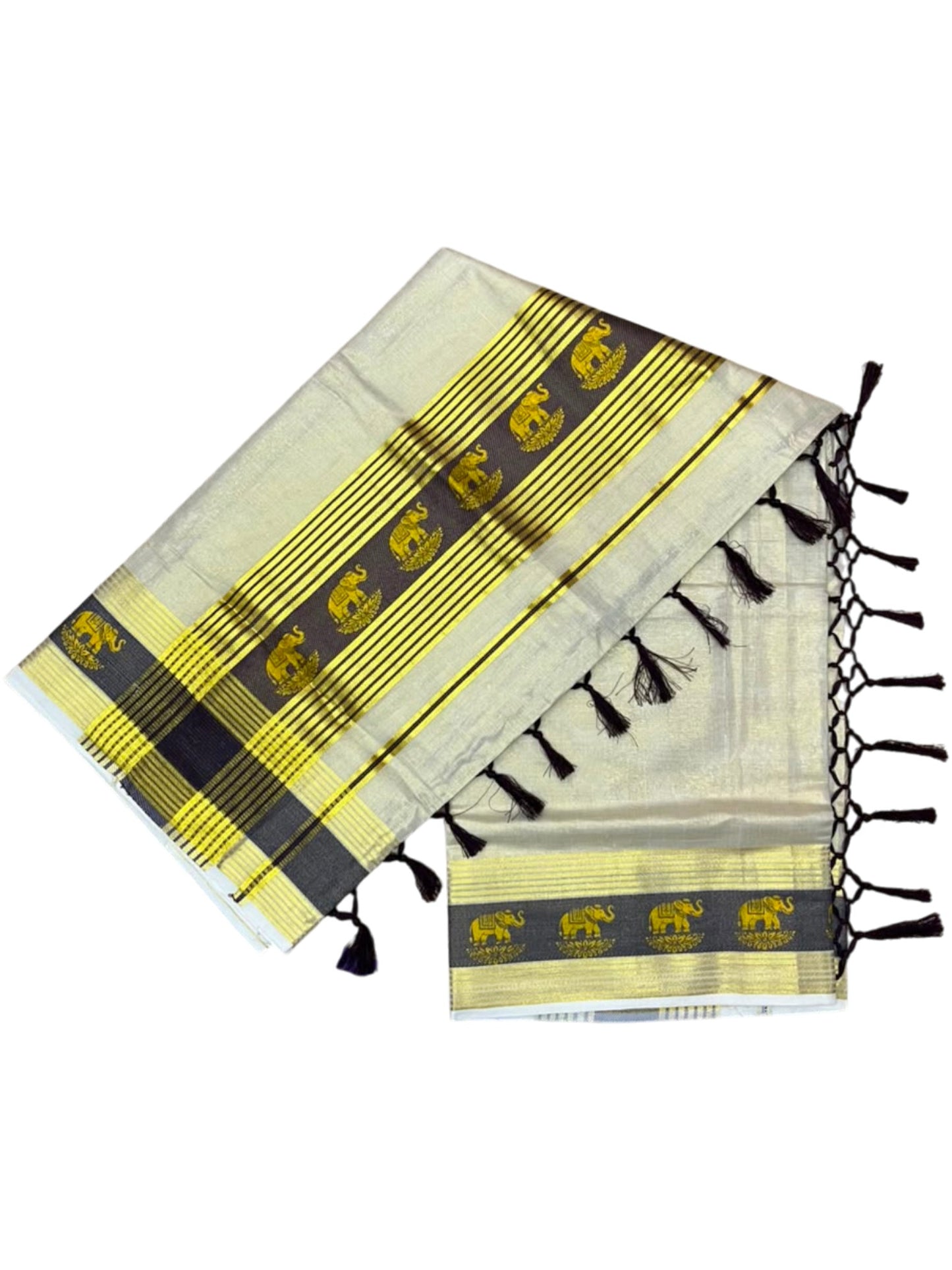 Southloom Kerala Tissue Kasavu Saree with Elephant Digital Print on Borders in Brown SL507