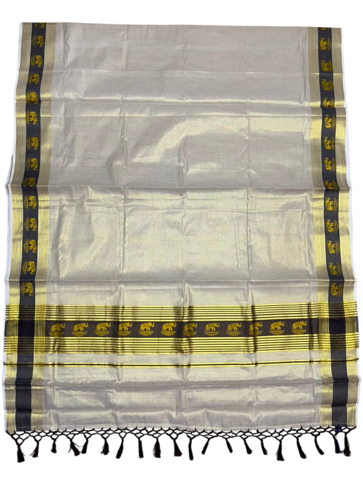 Southloom Kerala Tissue Kasavu Saree with Elephant Digital Print on Borders in Brown SL507