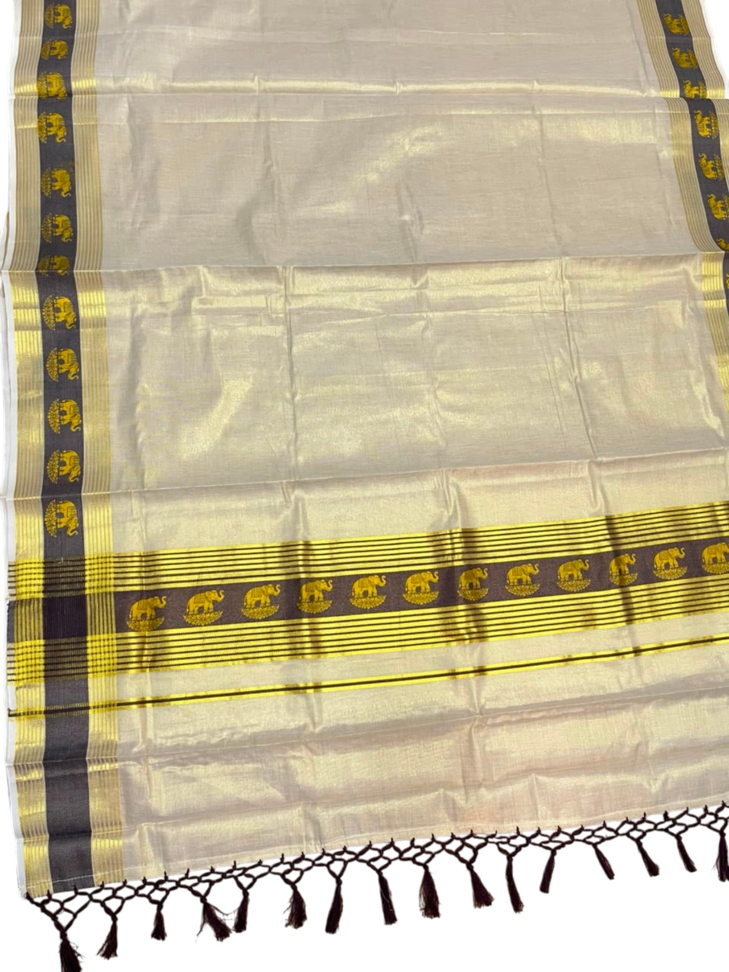 Southloom Kerala Tissue Kasavu Saree with Elephant Digital Print on Borders in Brown SL507