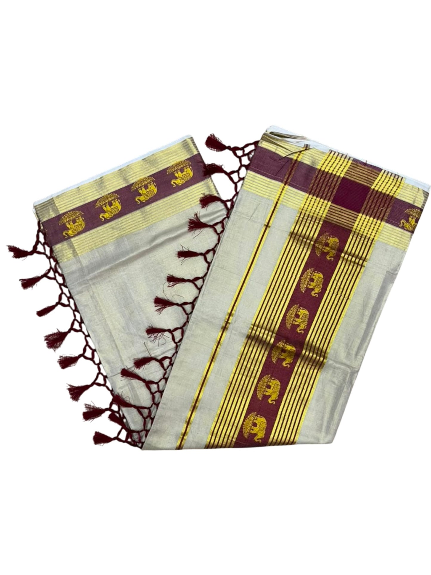 Southloom Kerala Tissue Kasavu Saree with Elephant Digital Print on Borders in Maroon SL507