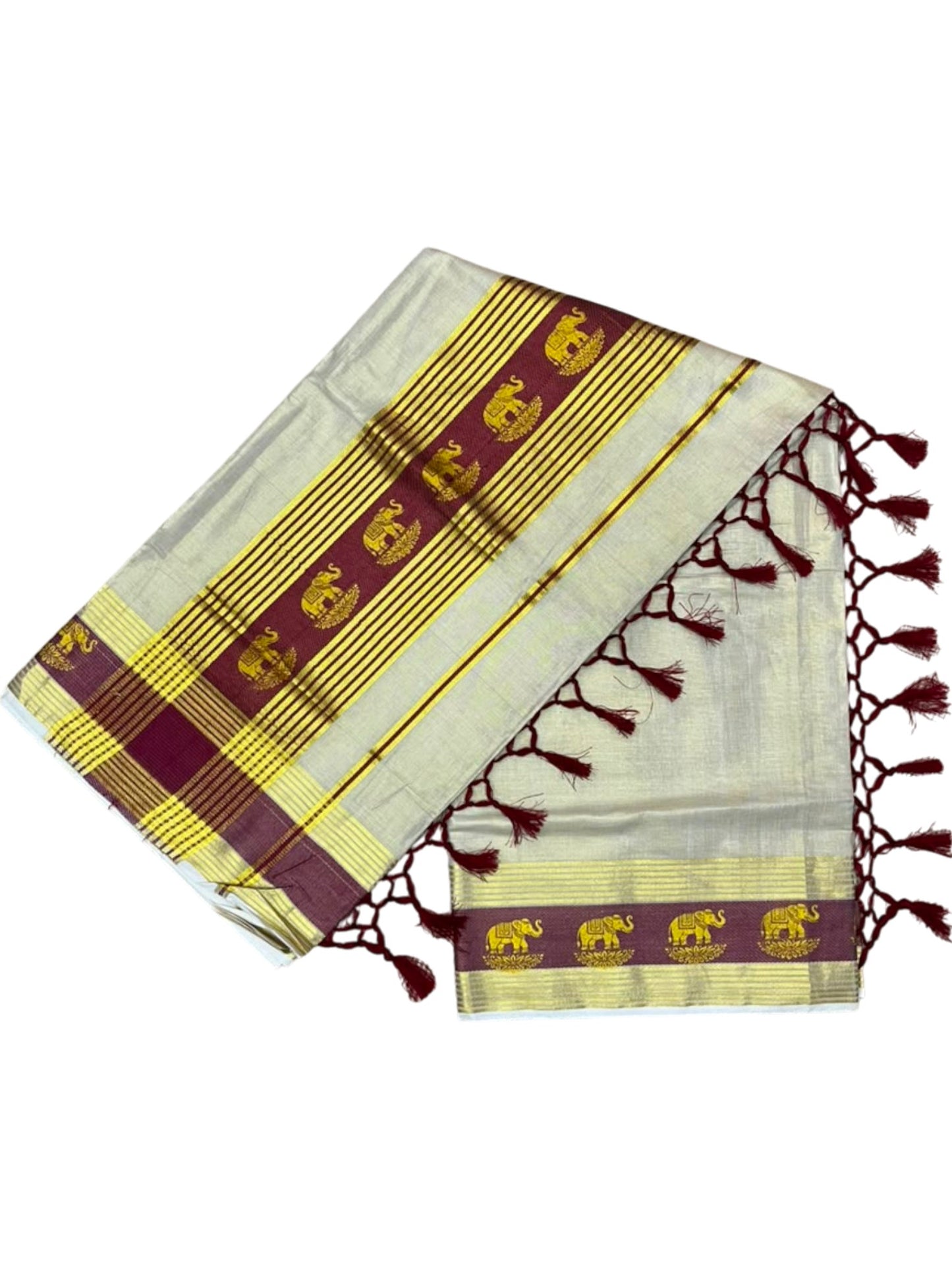 Southloom Kerala Tissue Kasavu Saree with Elephant Digital Print on Borders in Maroon SL507