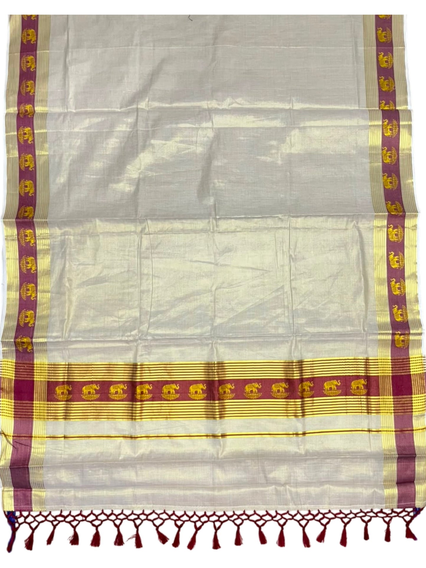 Southloom Kerala Tissue Kasavu Saree with Elephant Digital Print on Borders in Maroon SL507