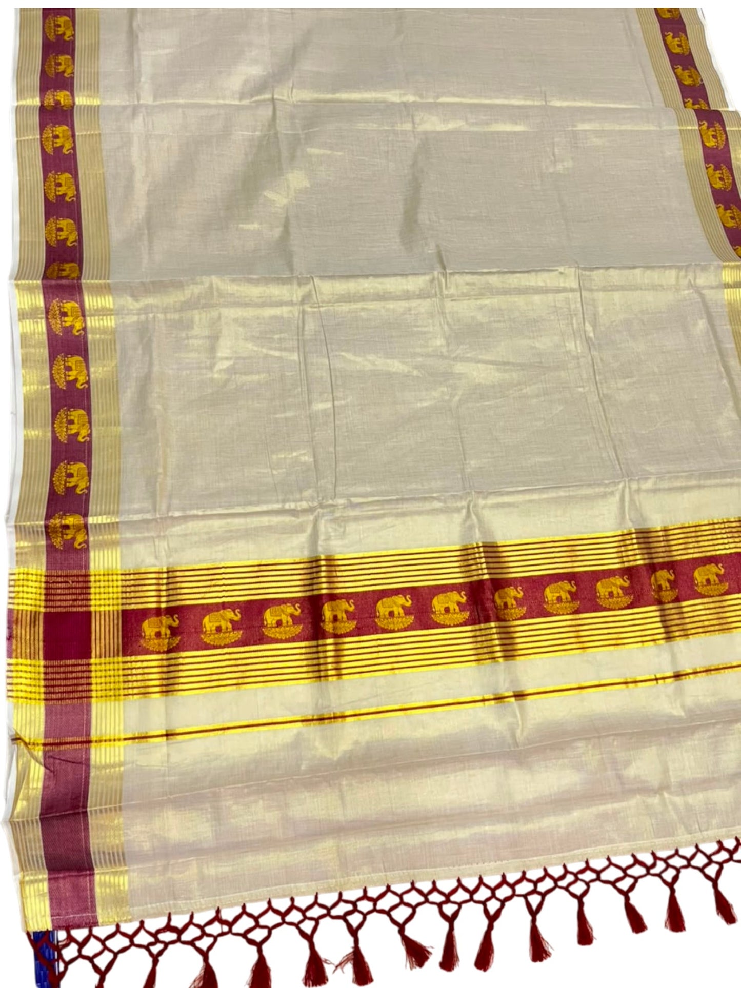 Southloom Kerala Tissue Kasavu Saree with Elephant Digital Print on Borders in Maroon SL507