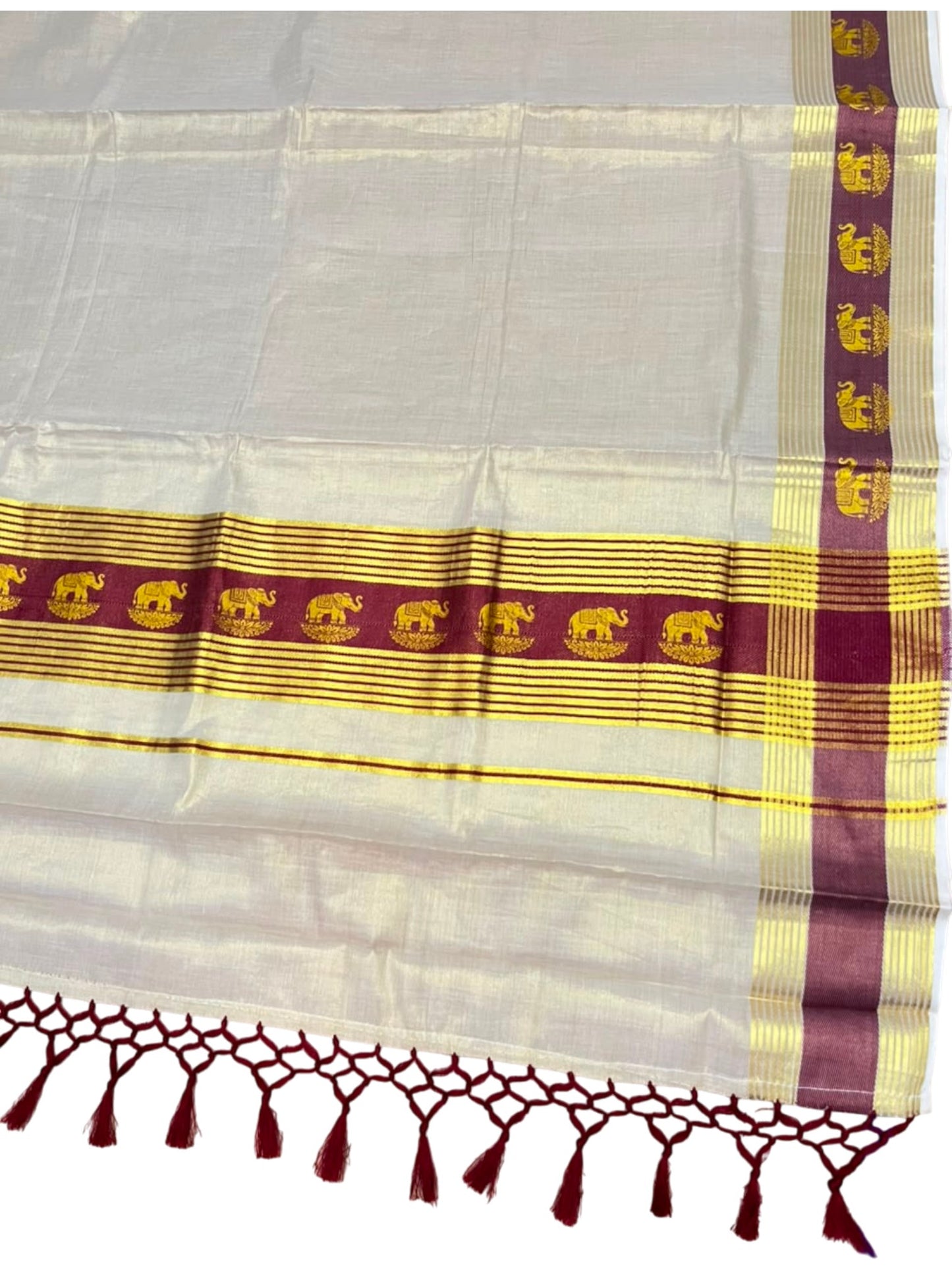 Southloom Kerala Tissue Kasavu Saree with Elephant Digital Print on Borders in Maroon SL507