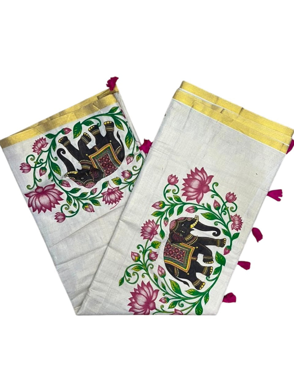 Southloom Kerala Tissue Kasavu Saree with Elephant And Lotus Digital Print Design SL503