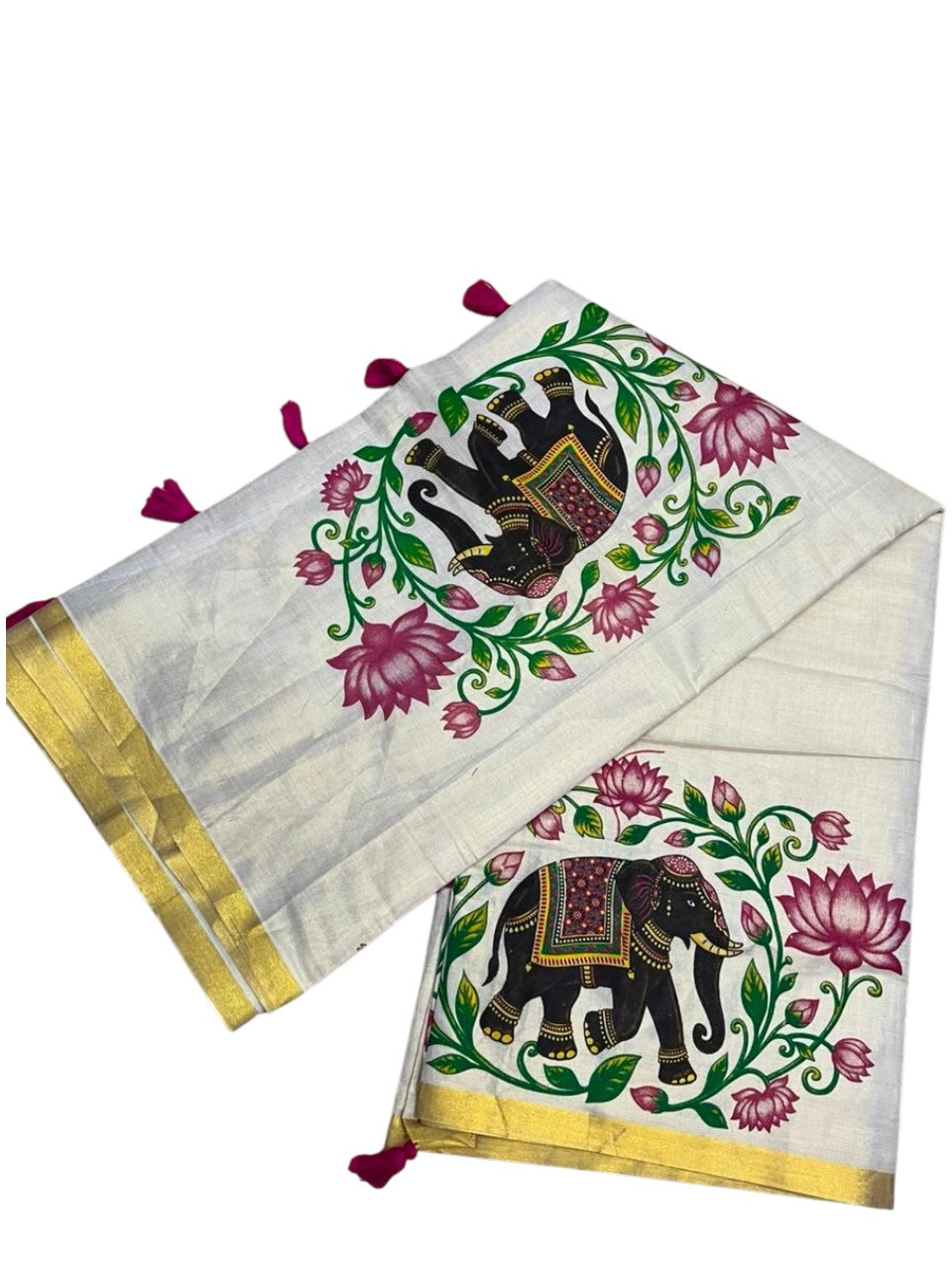 Southloom Kerala Tissue Kasavu Saree with Elephant And Lotus Digital Print Design SL503