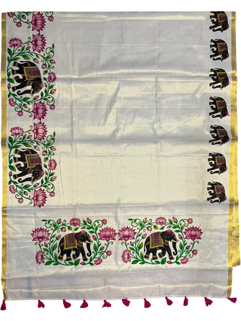 Southloom Kerala Tissue Kasavu Saree with Elephant And Lotus Digital Print Design SL503