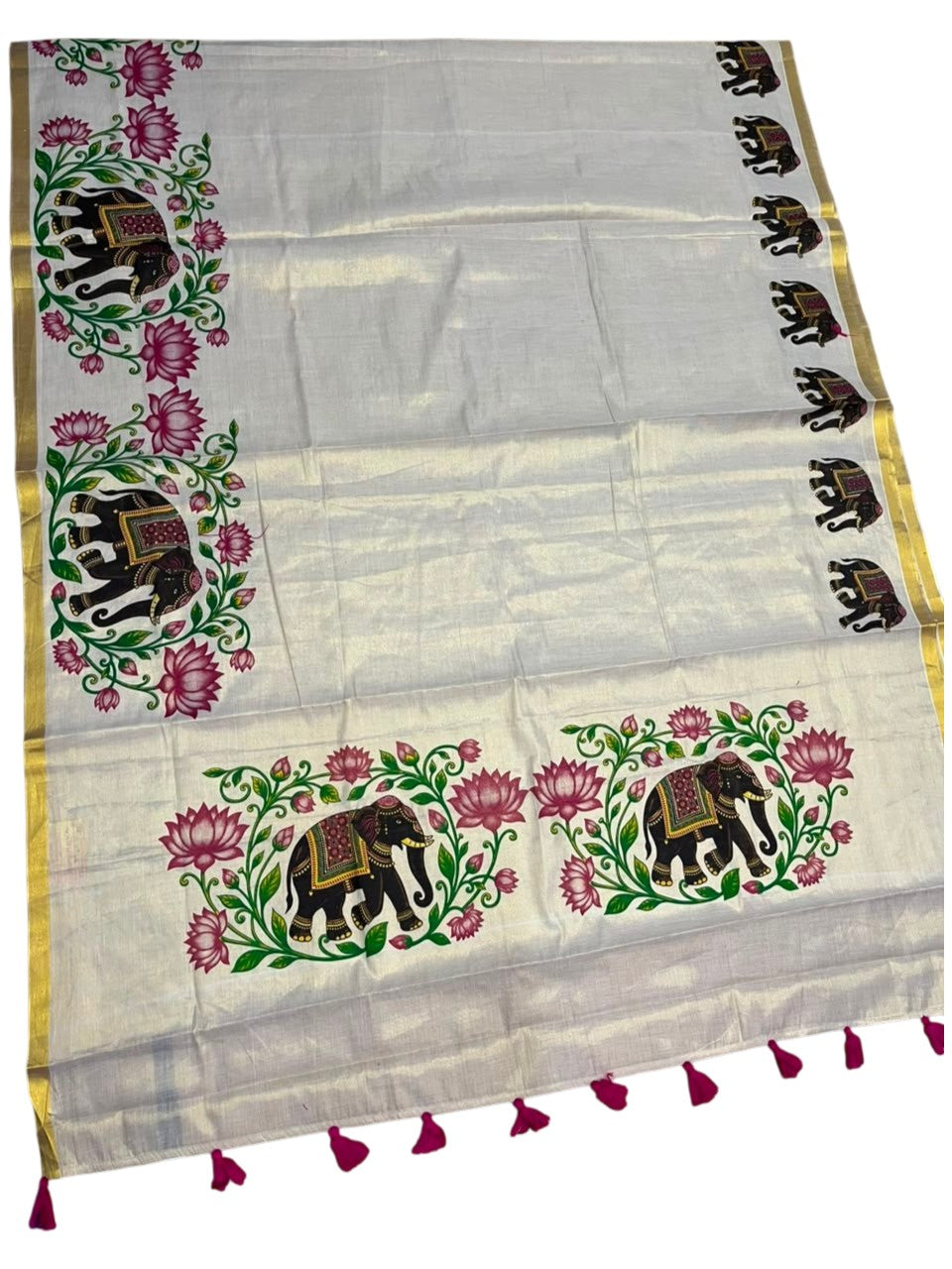 Southloom Kerala Tissue Kasavu Saree with Elephant And Lotus Digital Print Design SL503