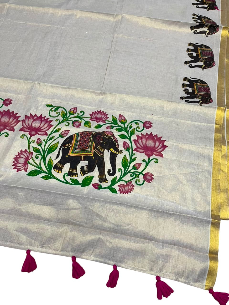 Southloom Kerala Tissue Kasavu Saree with Elephant And Lotus Digital Print Design SL503