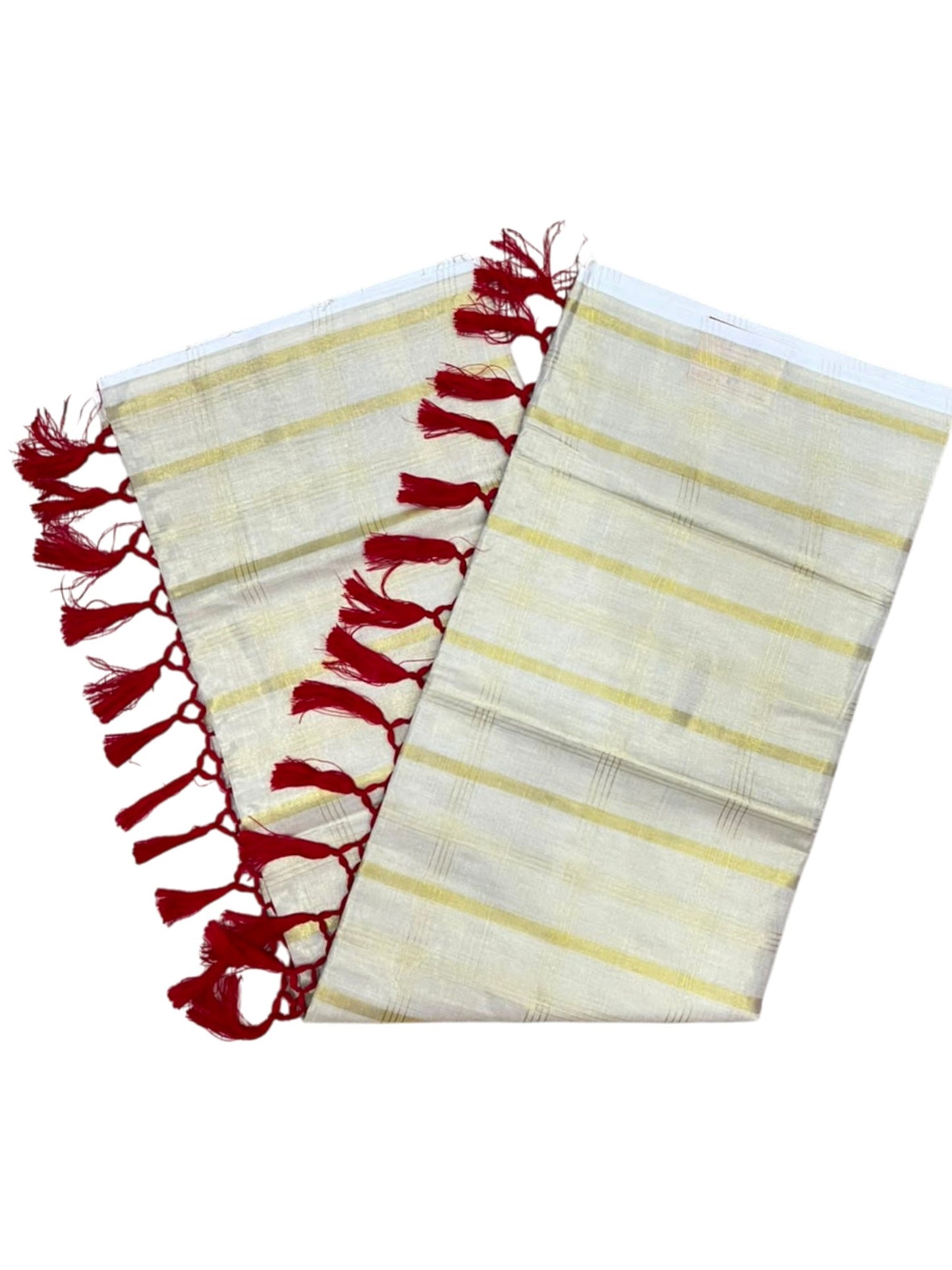 Southloom Kerala Tissue Kasavu Saree with Golden Stripes on Body with Red Tassels SL514