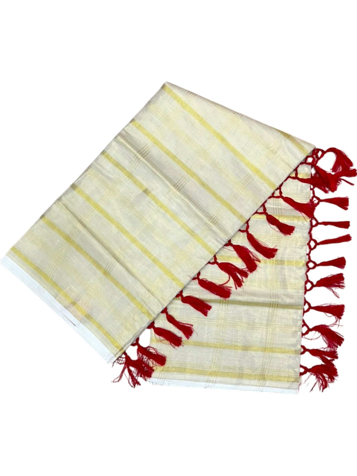 Southloom Kerala Tissue Kasavu Saree with Golden Stripes on Body with Red Tassels SL514