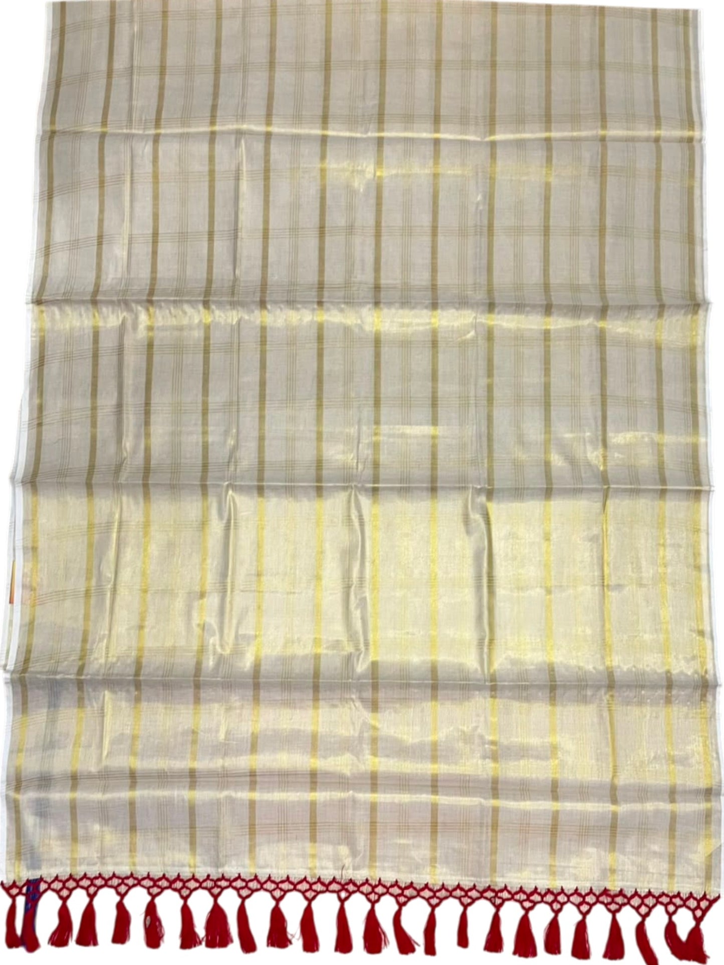 Southloom Kerala Tissue Kasavu Saree with Golden Stripes on Body with Red Tassels SL514