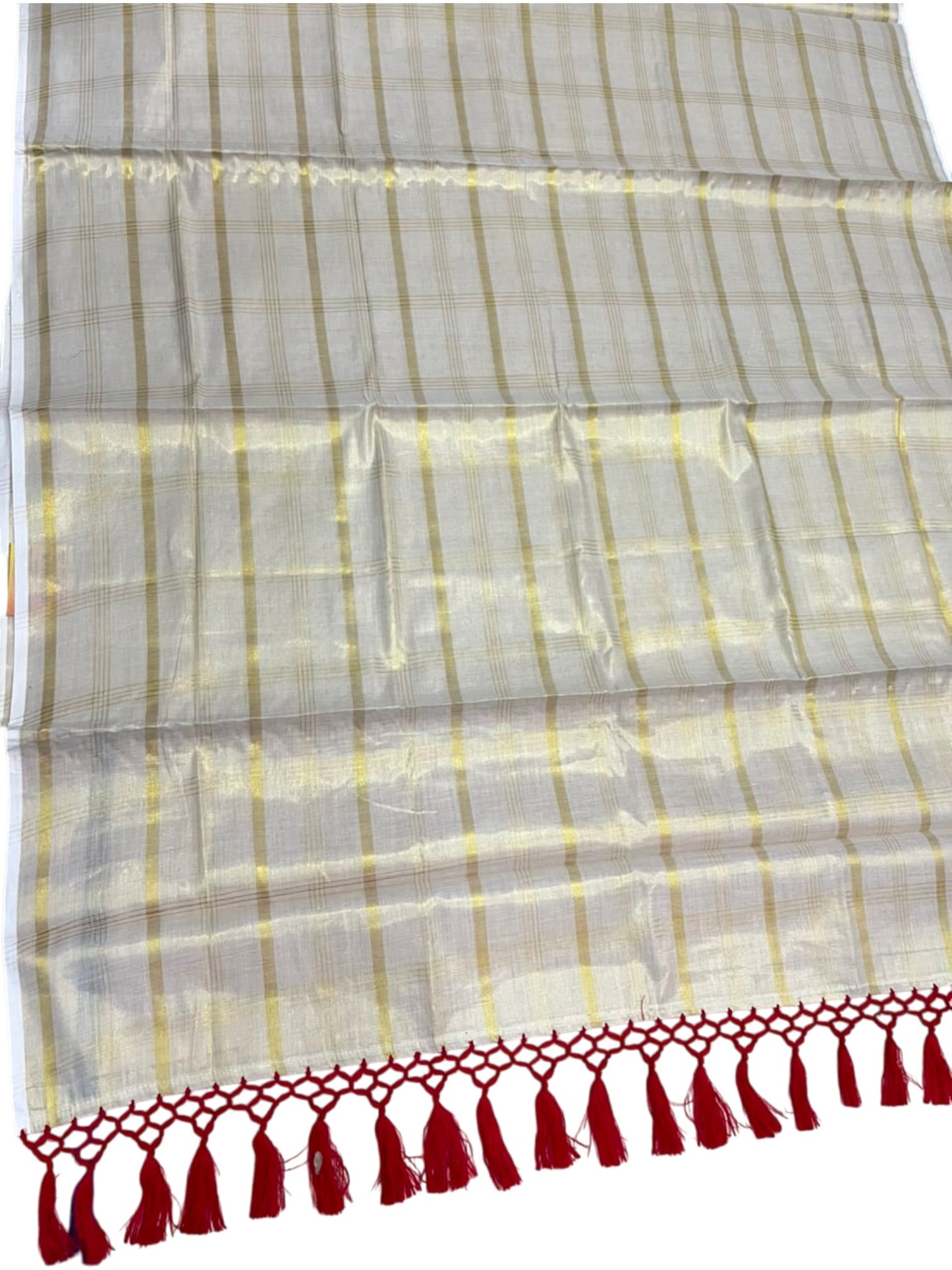 Southloom Kerala Tissue Kasavu Saree with Golden Stripes on Body with Red Tassels SL514