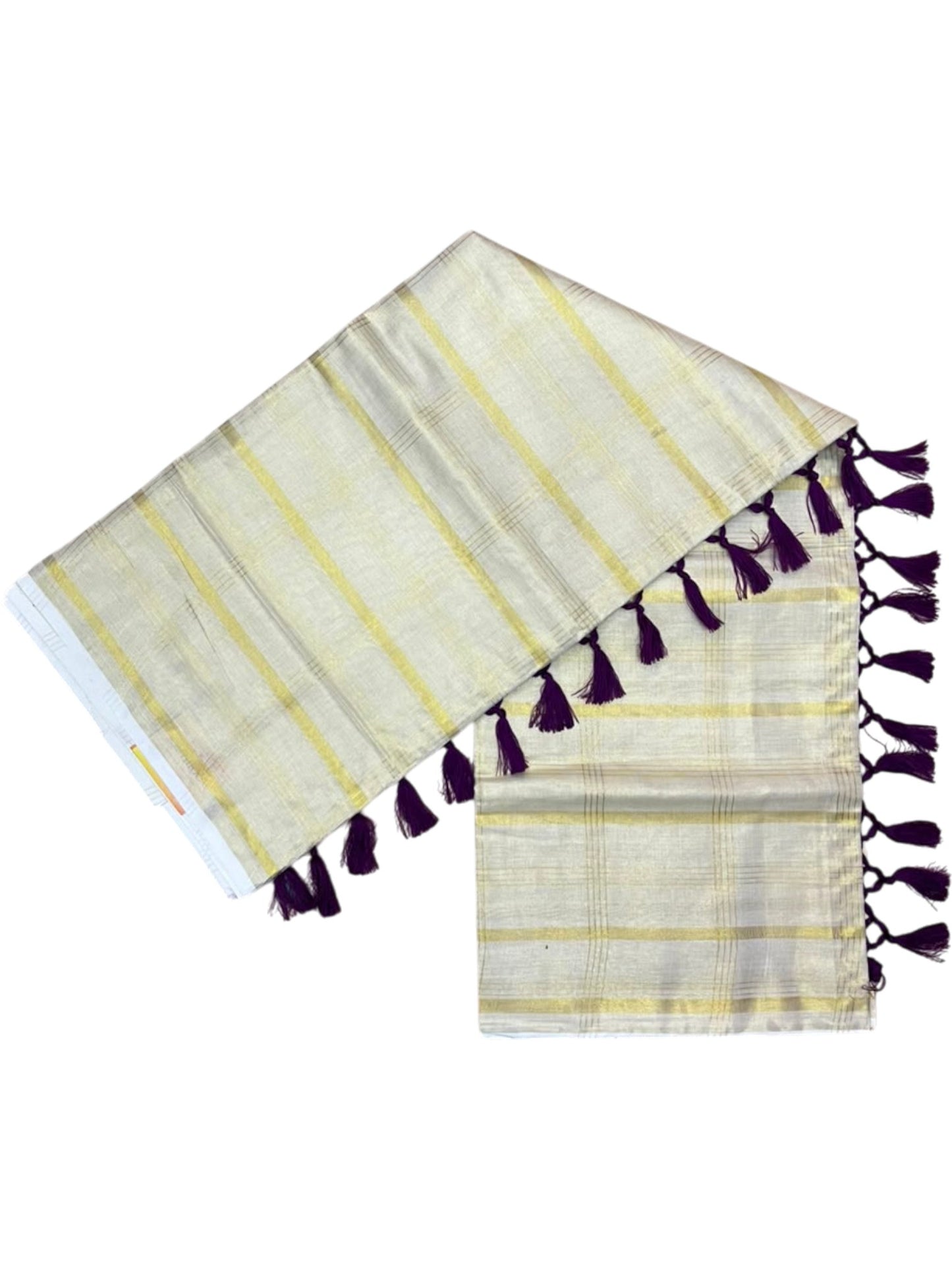Southloom Kerala Tissue Kasavu Saree with Stripes on Body with Purple Tussels