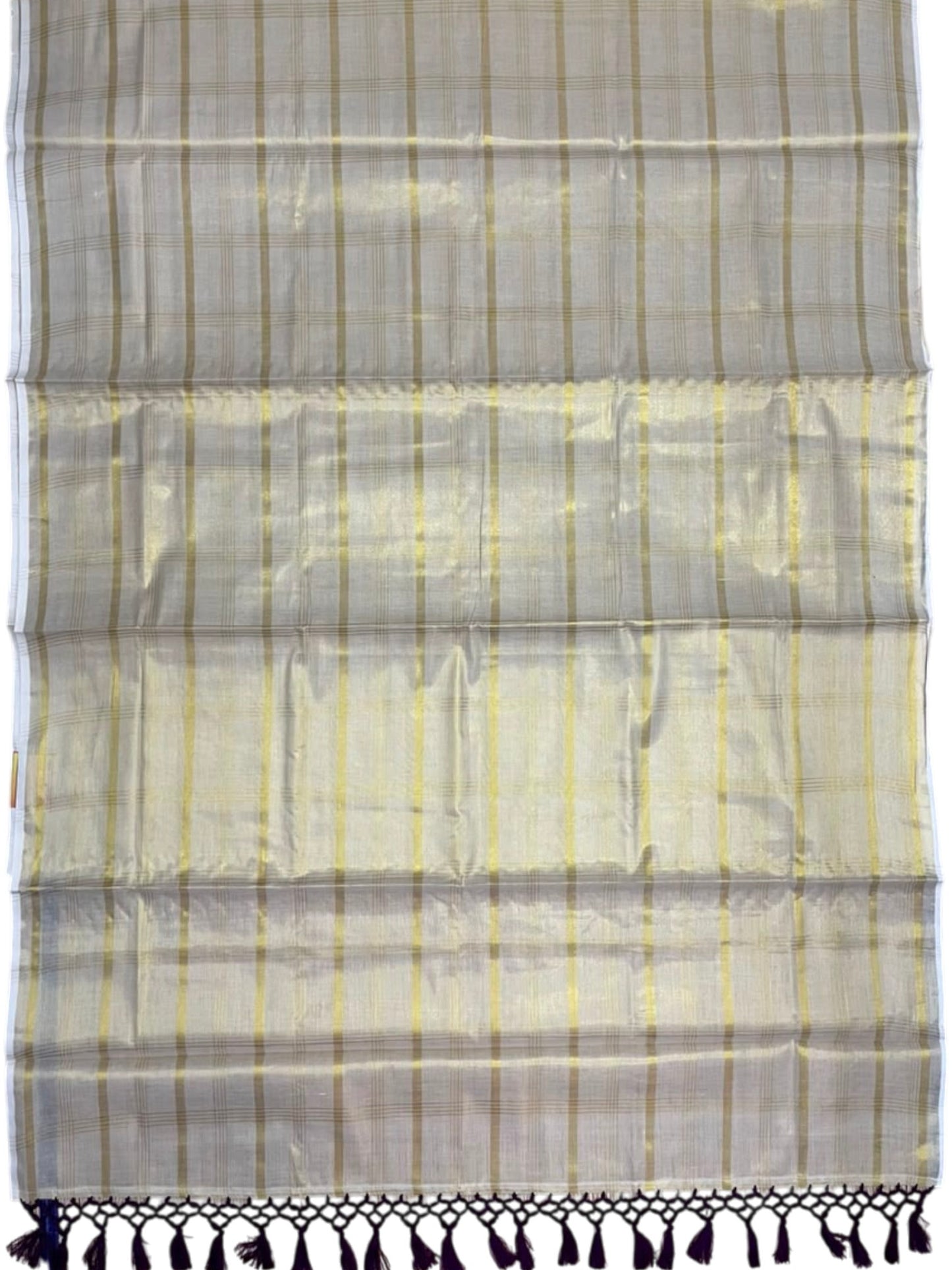 Southloom Kerala Tissue Kasavu Saree with Stripes on Body with Purple Tussels