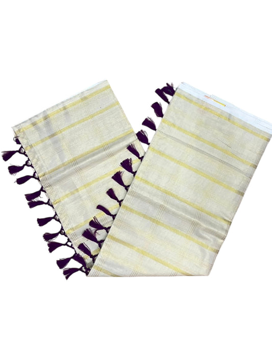 Southloom Kerala Tissue Kasavu Saree with Golden Stripes on Body with Purple Tassels SL514