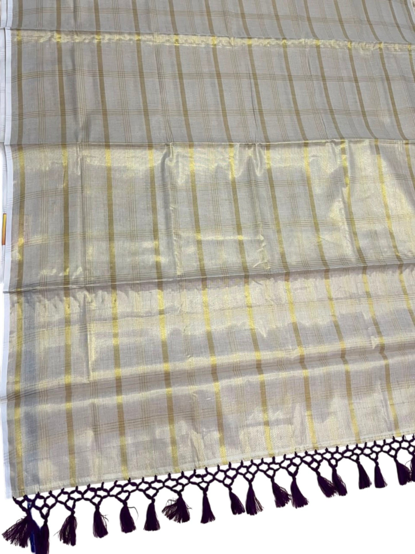 Southloom Kerala Tissue Kasavu Saree with Stripes on Body with Purple Tussels