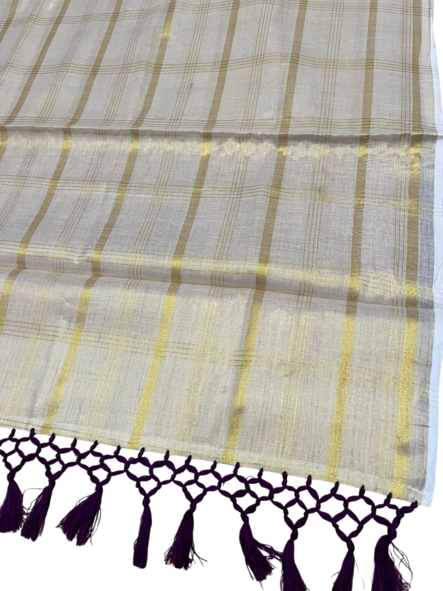 Southloom Kerala Tissue Kasavu Saree with Stripes on Body with Purple Tussels